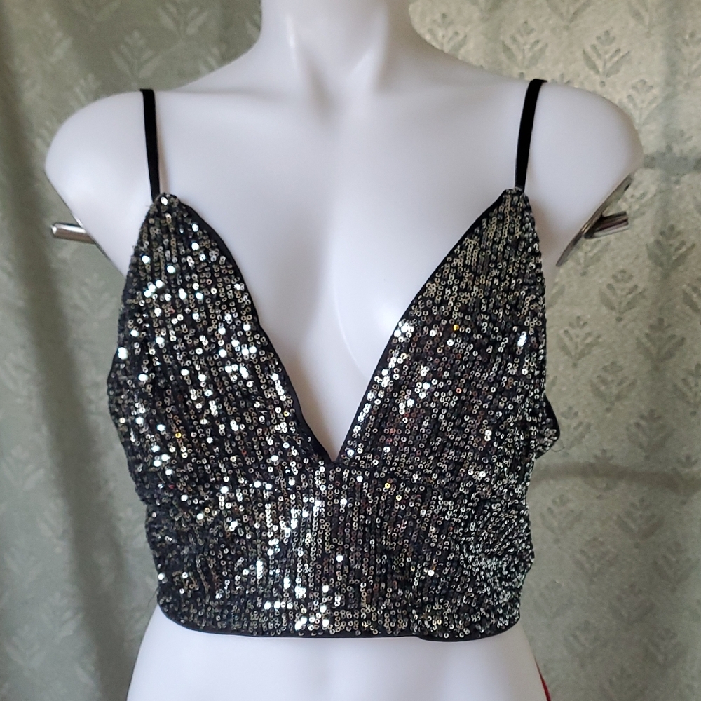 SHEIN Silver Sequin Crop Camisole Bustier